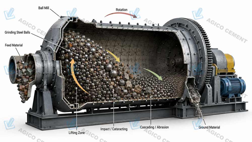 Steel grinding balls working inside a ball mill